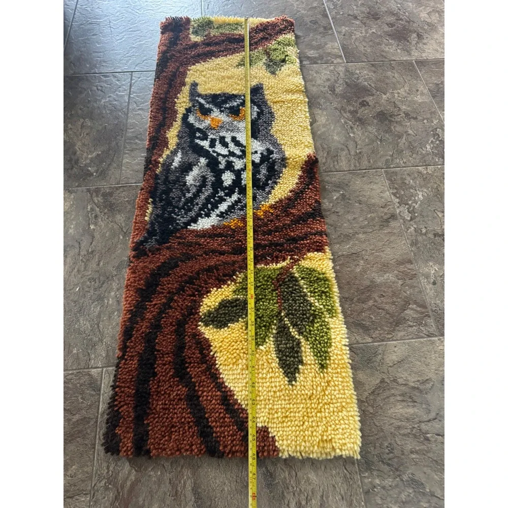 Vintage MCM 70s Owl Latch Hook Rug Wall Hanging 15x46 Handmade Retro Cabin Decor